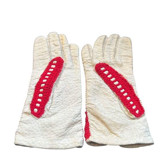 Vintage Red Crochet and White Leather Gloves Womens Size 7 - Picture 7 of 11
